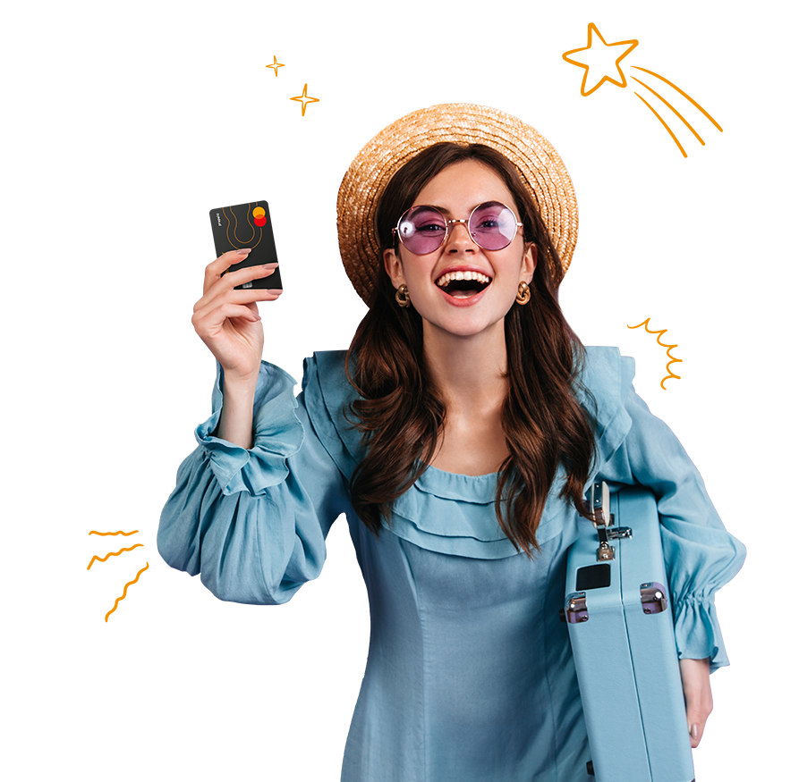 Card to have fun with after work 21 eBenefity dovolena brunetka s kufrem a kloboukem drzici benefitni platebni kartu