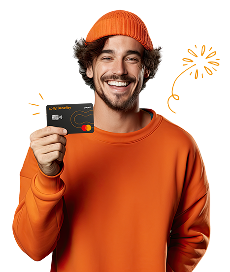 Card to have fun with after work 9 eBenefity man in orange hoodie and cap holding a benefit payment card