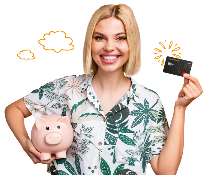 eBenefity smiling blonde woman holding a benefit payment card
